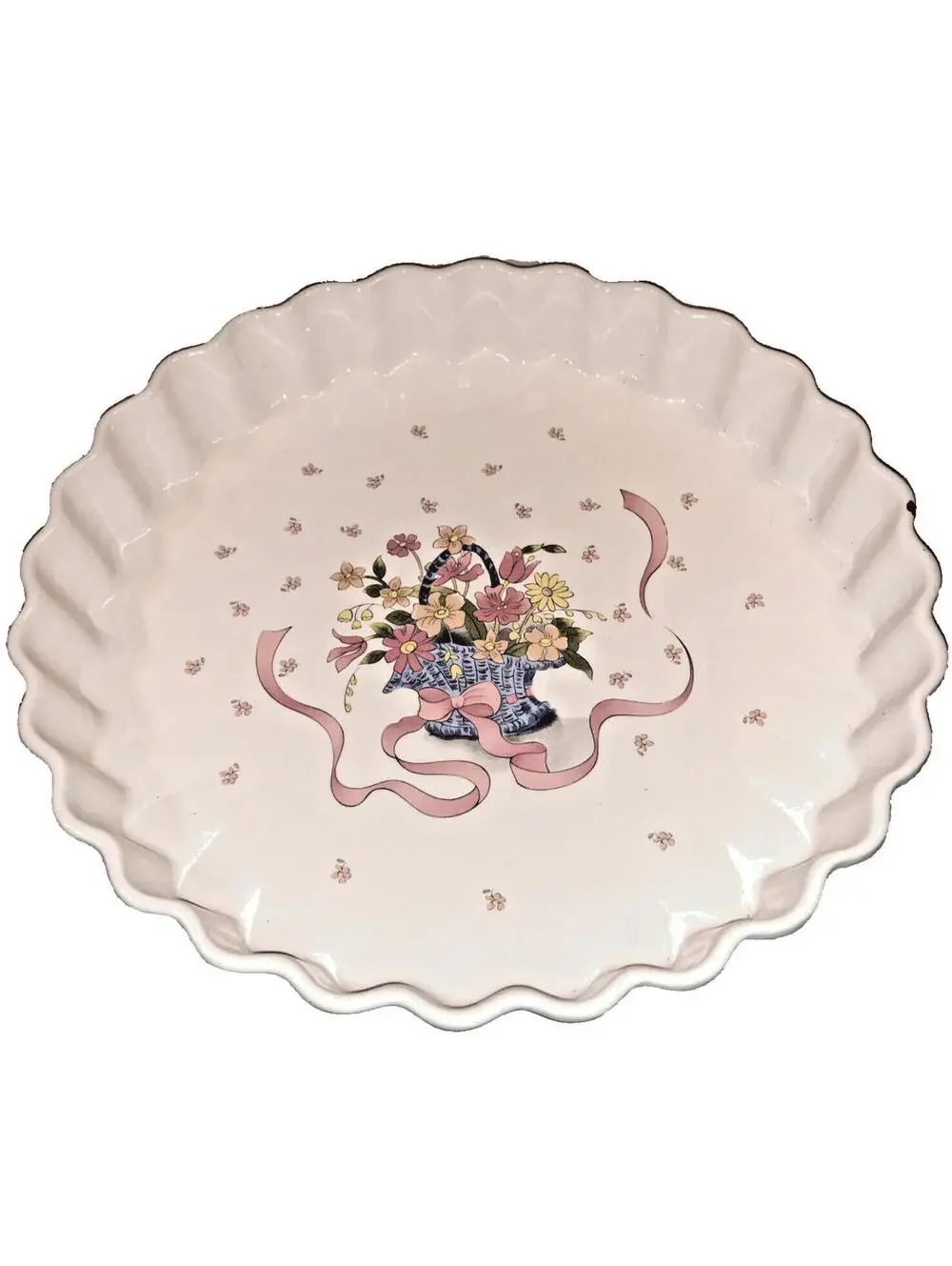 Ceramic Baking Dish Pan Tart Quiche Pie Fluted Rim with Flower Basket Design 10